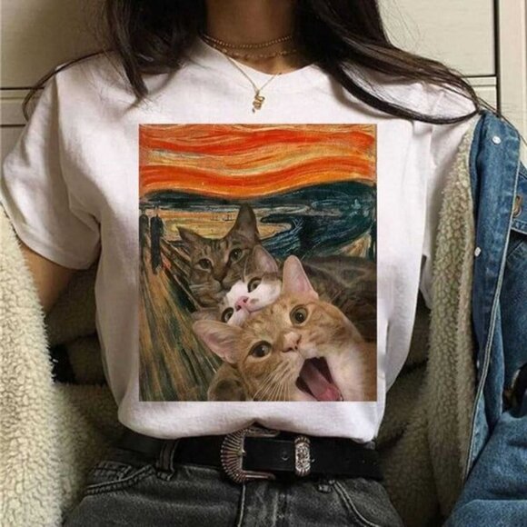 Tops - Oil Painting Female Cat T-Shirt